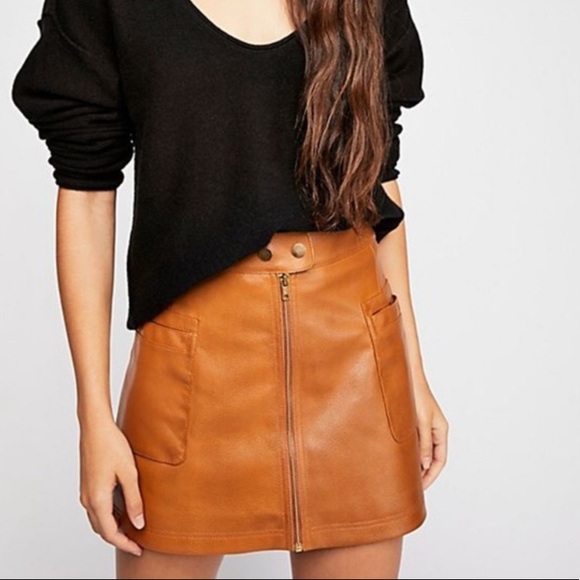 Free People Cognac Vegan Leather Zipper Front Mini Skirt 2 - Picture 2 of 11